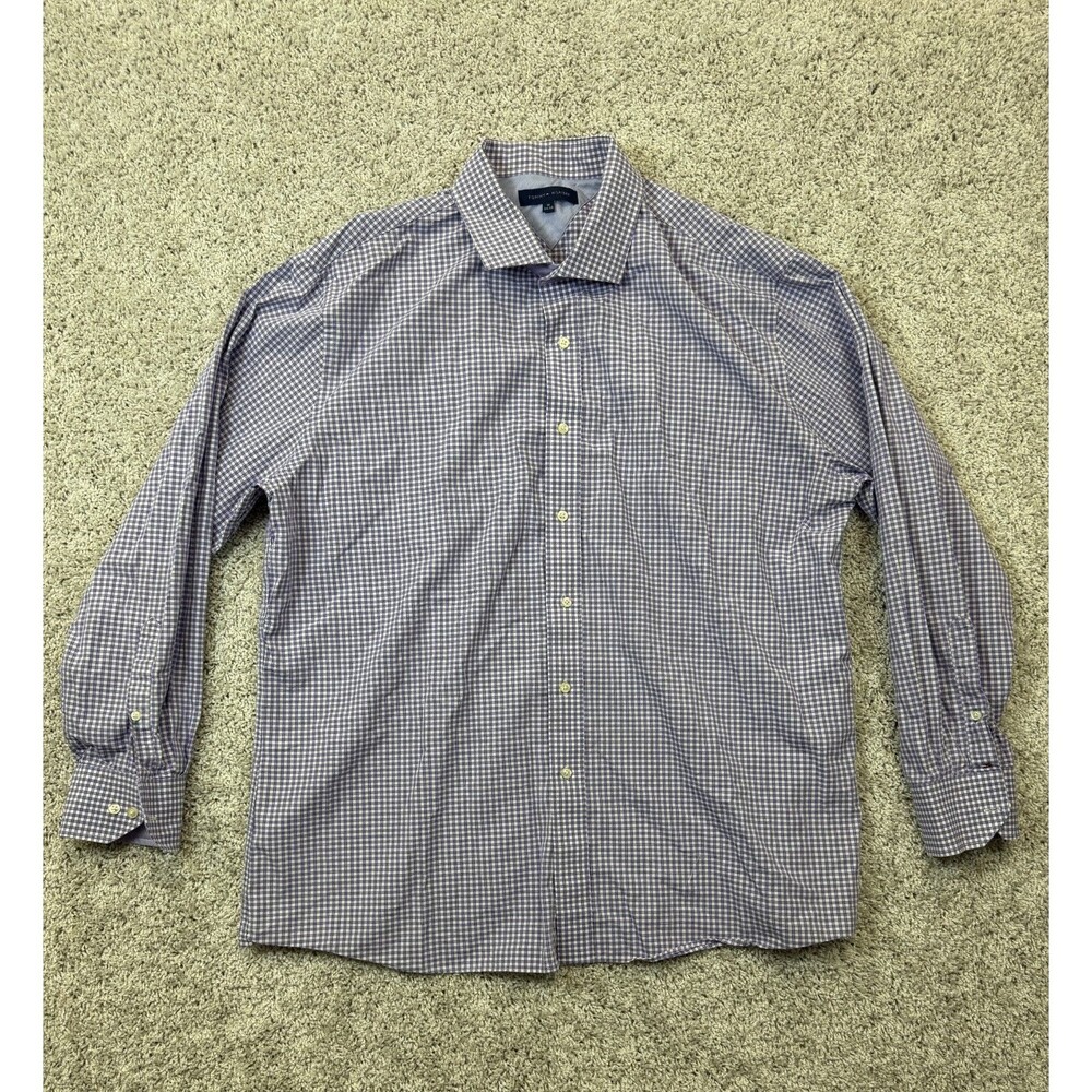Tommy Hilfiger Men's Dress Shirt 18 34/35 Purple White Plaid 100% Cotton